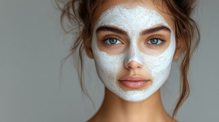 A young woman with a facial mask on her face, showcasing skincare and relaxation.