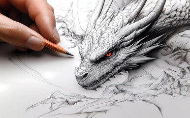 Detailed dragon sketch being drawn with a pencil, highlighting intricate textures, sharp features, and artistic creativity