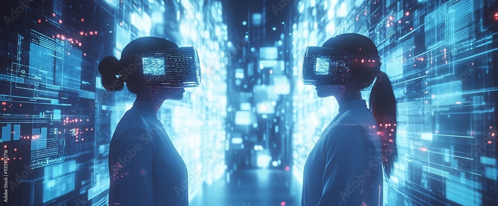 Poster two figures wearing vr headsets in a digital data environment.