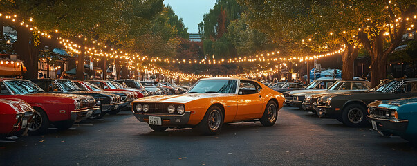 A vibrant car show featuring classic vehicles illuminated by string lights in an urban setting.