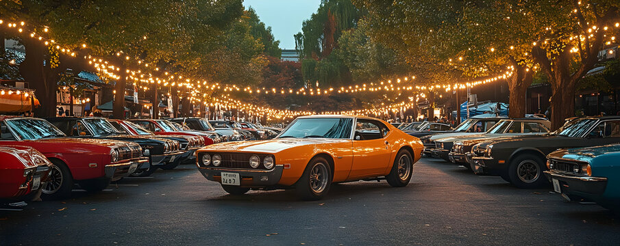 A vibrant car show featuring classic vehicles illuminated by string lights in an urban setting.