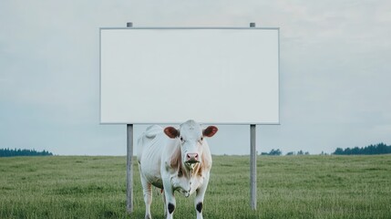 Billboard Mockup Featuring Cow in Agricultural Field Rural Landscape Creative Concept Display