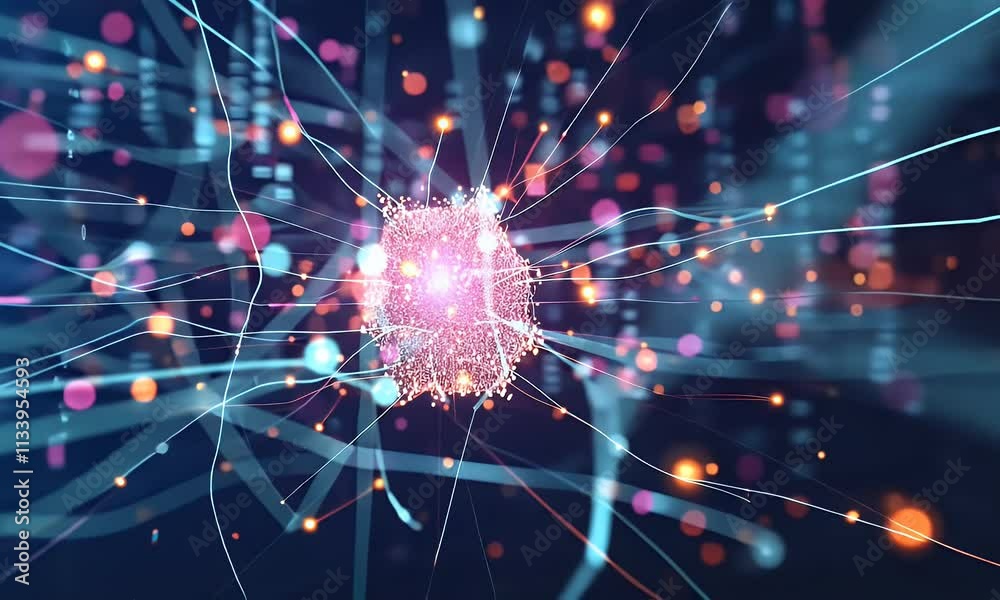 Poster Abstract technology background of a quantum computing system with processor and electronic circuit. Artificial neurons, global data connections