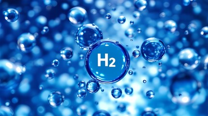 Molecular Hydrogen Bubbles: A 3D Rendering of H2 Molecules in a Blue Aqueous Environment