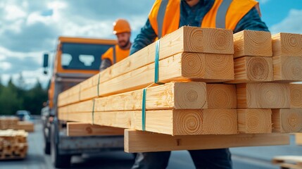 Construction workers transporting lumber construction site photography outdoor close-up building materials handling