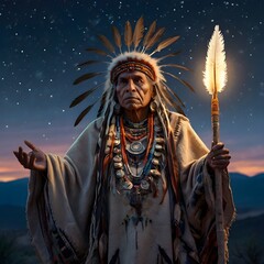 A mystical Indian shaman cloaked in ceremonial robes, with glowing tribal patterns on their skin, holding a staff of light, The eagle on their shoulder looks ,Generative Ai
