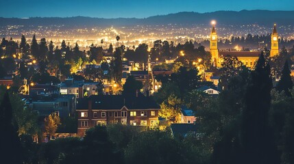 Vibrant sun sets over the quaint American heartland town, with rolling hills, colorful buildings, and a charming main street lined with eclectic shops and eateries.