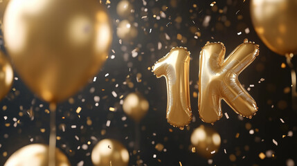 1K golden balloon with flying confetti and balloons