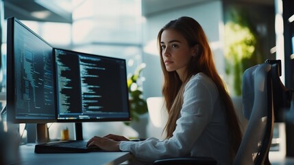 Young woman coding at a desk with dual monitors in a modern office.