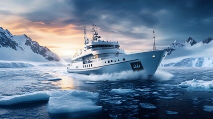 Naklejka premium Luxury Yacht Navigating Antarctic Icebergs at Sunset