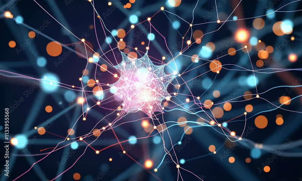 Poster Abstract technology background of a quantum computing system with processor and electronic circuit. Artificial neurons, global data connections



