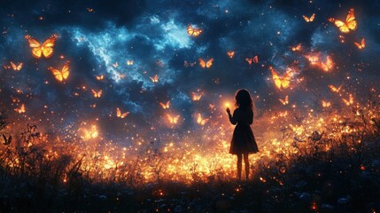 Obraz premium A Girl's Dream: A Night Field of Magical Butterflies