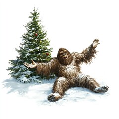 A whimsical creature celebrates winter by a decorated Christmas tree in snowy surroundings.