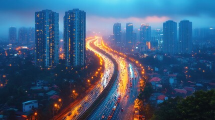 Fototapeta premium Night cityscape with highway and skyscrapers under twilight sky.