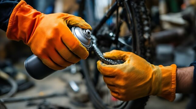 Close-up of gloved hands lubricating a bicycle chain with spray lubricant in a workshop setting
