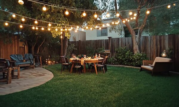 A cozy backyard setting with string lights, a dining table, and a grill for outdoor gatherings.