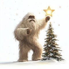 A whimsical yeti decorates a Christmas tree, spreading holiday cheer and magic.
