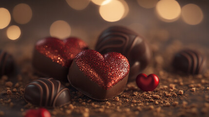 Fototapeta premium Tempting heart-shaped chocolates create a romantic atmosphere for Valentine's Day