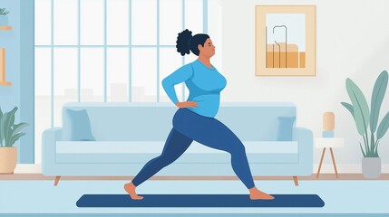 Fototapeta premium Illustration of an overweight woman practicing yoga at home, performing a lunge pose on a mat, surrounded by minimalist decor and pastel tones