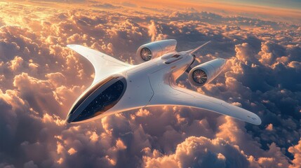 Fototapeta premium Futuristic Aircraft Flying Above Cloudscape at Sunset