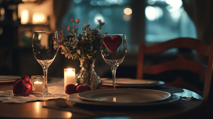 Romantic Valentine's Day dinner setting with elegant table and candlelight in cozy atmosphere
