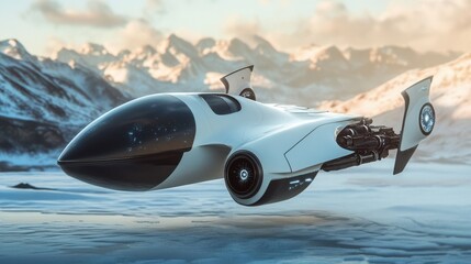Fototapeta premium Futuristic Hovercraft in Serene Mountain Landscape