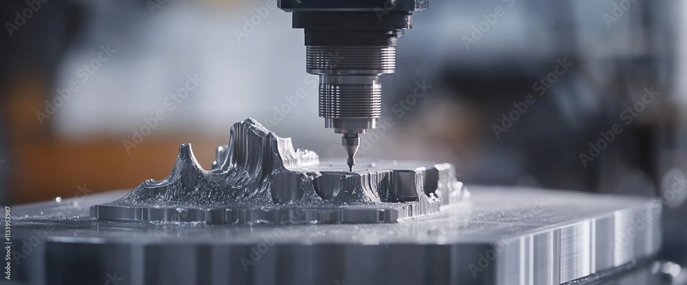 Poster a close-up of a milling machine creating a detailed metal part.
