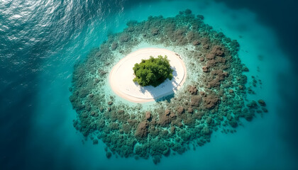 Top-Down View of Tropical Island and Turquoise Waters