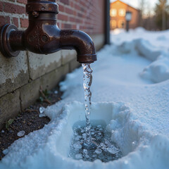 Close-up of water dripping from a pipe into the snow under cold winter lighting