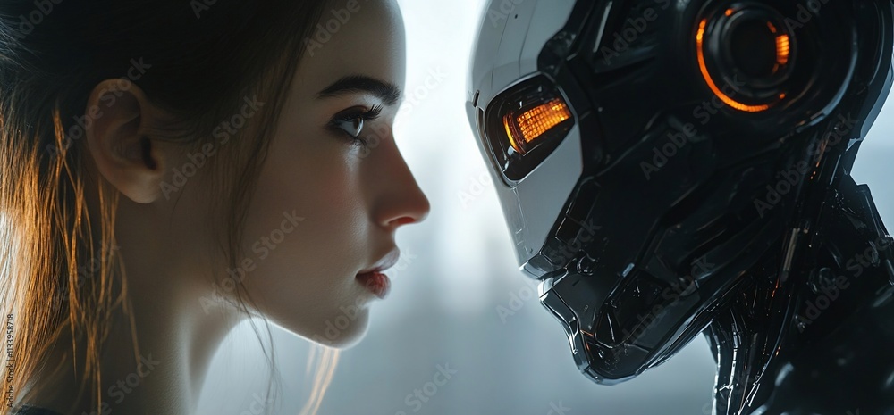 Poster a close-up of a woman and a humanoid robot, exploring human-robot interaction.