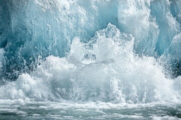 Glacier melting rapidly under a bright summer sun, water rushing from the ice, no person, close-up shot, photographic detail 