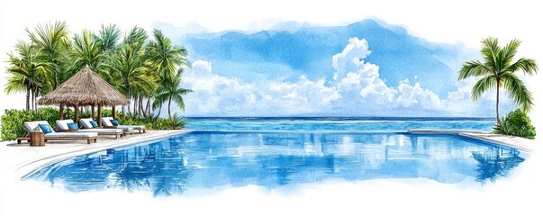 Obraz premium A serene tropical scene featuring a clear blue pool, palm trees, and a thatched roof, set against a bright sky and ocean backdrop.