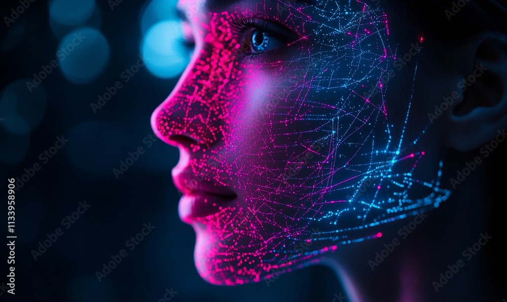 Aufkleber A digital portrayal of a woman?s face illuminated with neon lines and patterns.