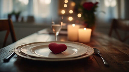 Obraz premium Romantic dinner setup with heart-shaped decoration for Valentine's Day celebration