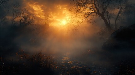 Fototapeta premium Misty River Sunset: A Serene Landscape