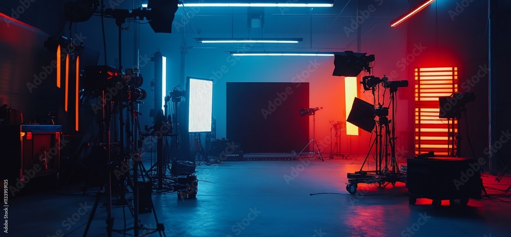 Poster a dimly lit studio with various lighting equipment set up for a shoot.