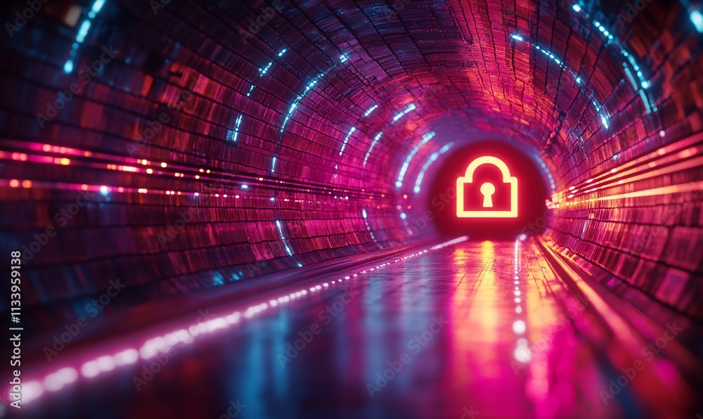 Poster A digital tunnel with a glowing lock symbol representing cybersecurity.