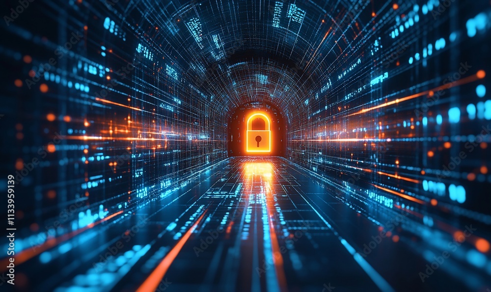 Aufkleber a digital tunnel leading to a glowing lock symbolizing cybersecurity.