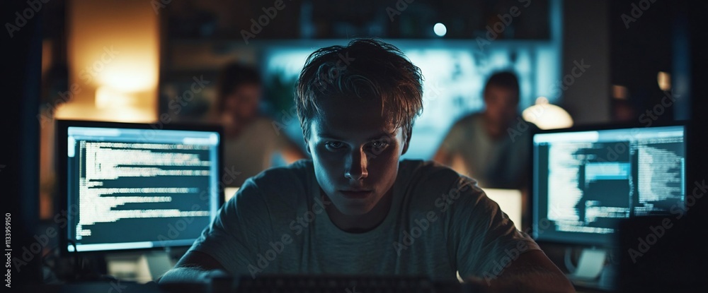 Fototapete a focused individual working on programming in a dimly lit environment.