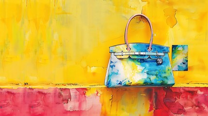 Watercolor painting of a trendy handbag on a vibrant yellow wall, with a mockup