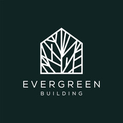 home with tree branch logo design, line concept vector