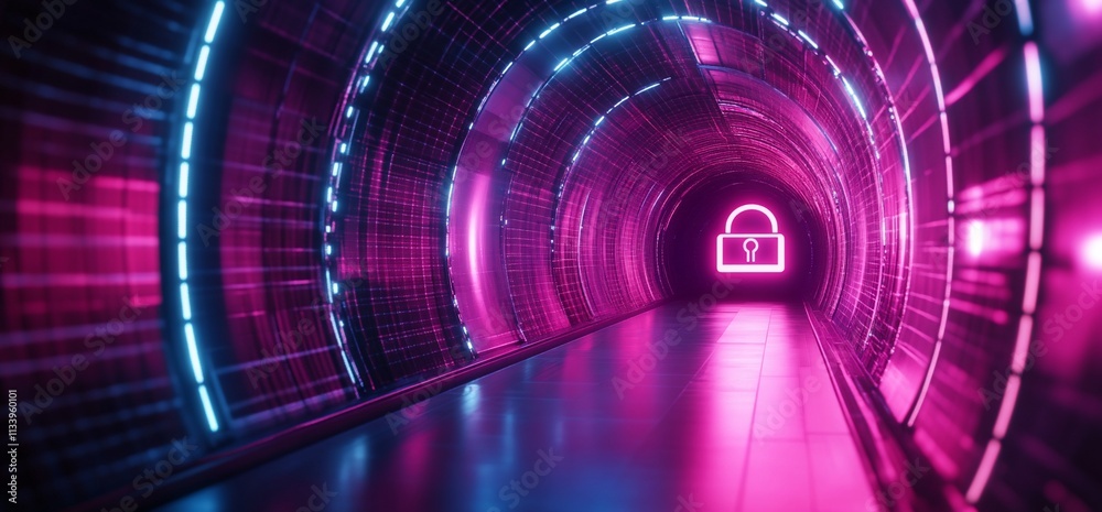 Aufkleber a futuristic tunnel illuminated in pink and blue with a lock symbol.