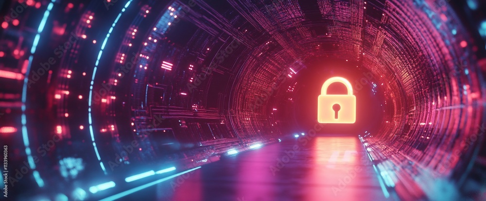 Poster a futuristic tunnel with a glowing lock symbol, suggesting security and technology.