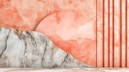 Abstract coral and marble textured background with geometric shapes.