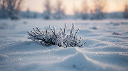 Winter's Embrace: Snow-Covered Pine Branch Emerging from Pristine Snowfield at Dawn.