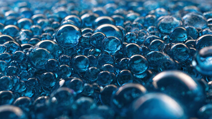 Vibrant Blue Gel Beads. A Close-Up View of Transparent, Glassy Crystals with a Deep Blue Hue. 