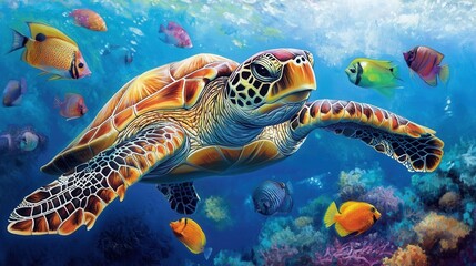 Colorful Sea Turtle Swimming Among Vibrant Fish