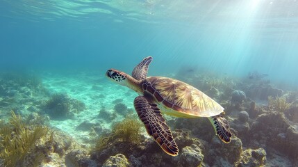 Obraz premium Graceful Sea Turtle Swimming in Clear Blue Ocean