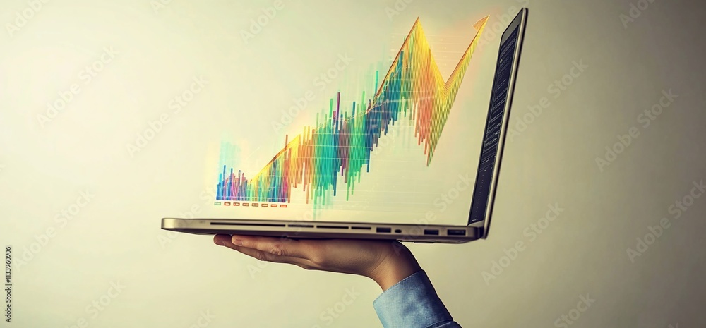 Poster a hand holding a laptop displaying a colorful financial graph.