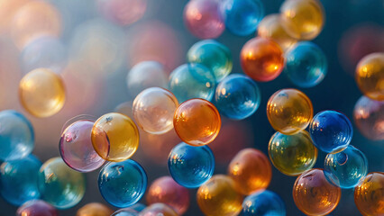 Closeup rainbow color transparent bubbles in bokeh background. Beautiful colorful water beads abstract backdrop for the dramatic and dreamy atmosphere.